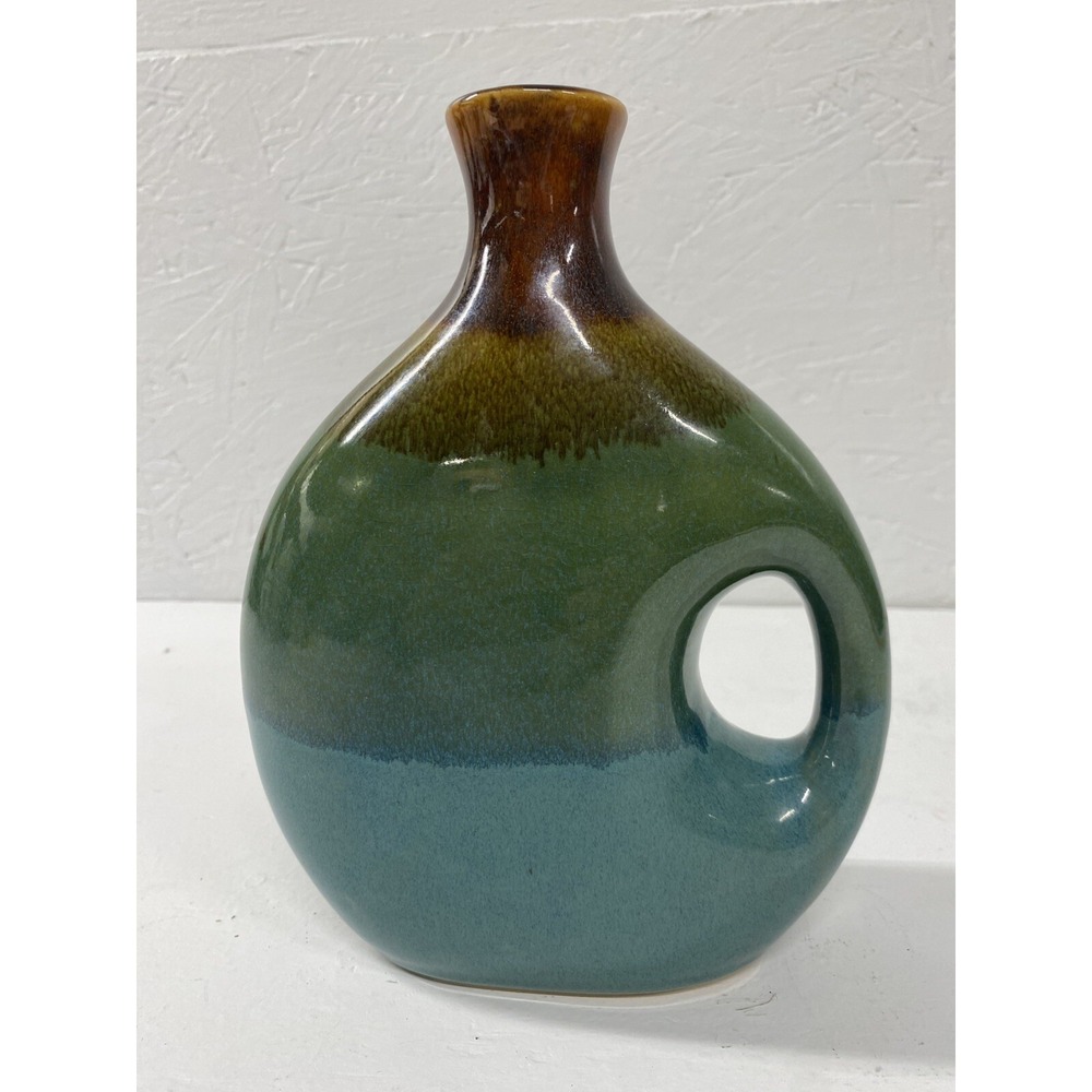 Vintage Style Drip Glaze Ceramic Handle Vase Brown Green Teal Round 8.5"